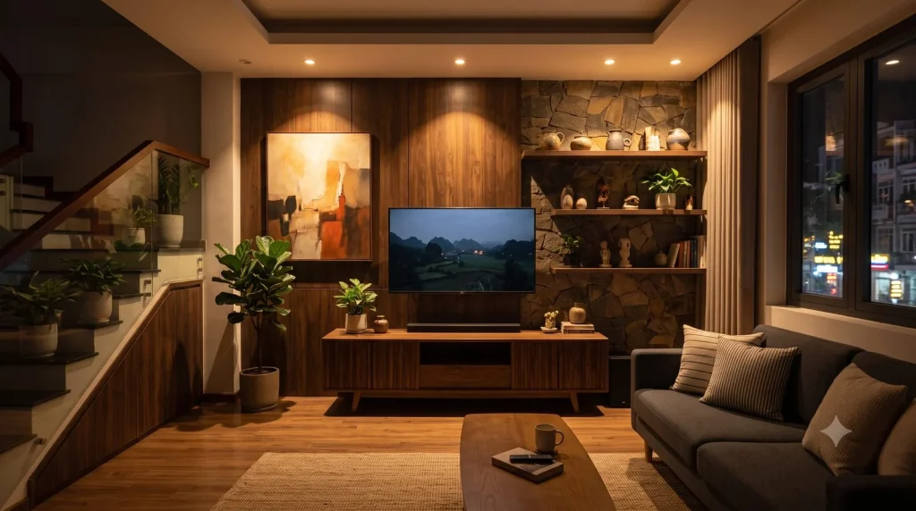 Đèn spotlight âm trần chiếu điểm vào khu vực đáng khoe trong nhà phố