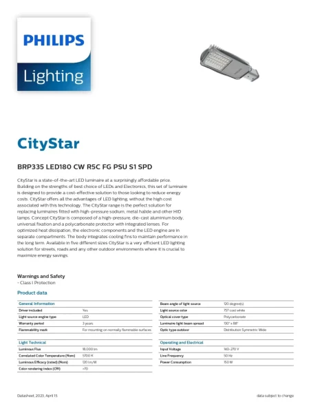 Đèn đường LED Philips BRP335 LED180 CW R5C FG PSU S1 SPD VN
