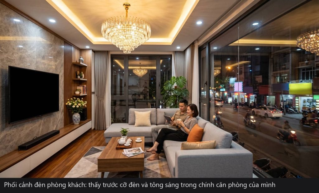 Phối cảnh đèn phòng khách với đèn chùm pha lê trong nhà phố