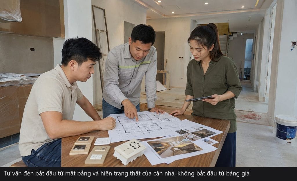 Tư vấn đèn từ mặt bằng và ảnh phòng tại công trình