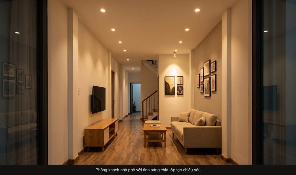 Phòng khách trần thạch cao phẳng với downlight lắp đúng vị trí
