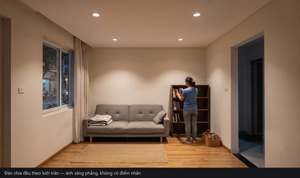 Lỗi ánh sáng thường gặp: đèn chia đều theo lưới trần khiến phòng khách sáng phẳng, không có điểm nhấn