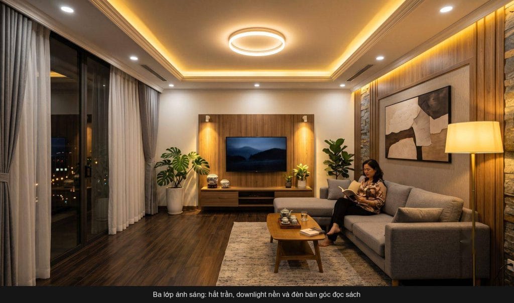 Phối đèn trần thạch cao giật cấp: downlight, đèn hắt cove và đèn thả