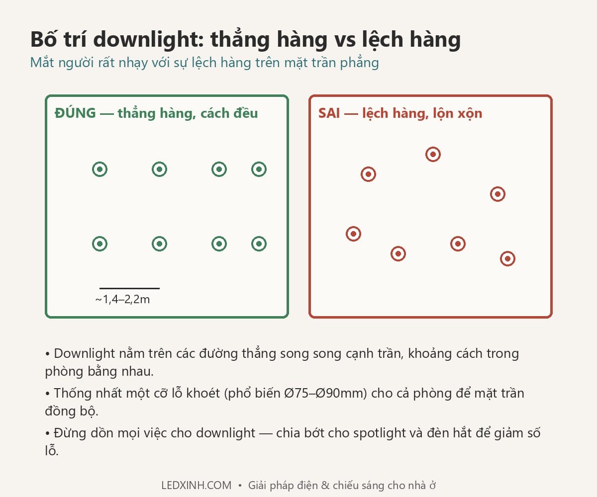 Sơ đồ bố trí đèn downlight thẳng hàng trên trần thạch cao