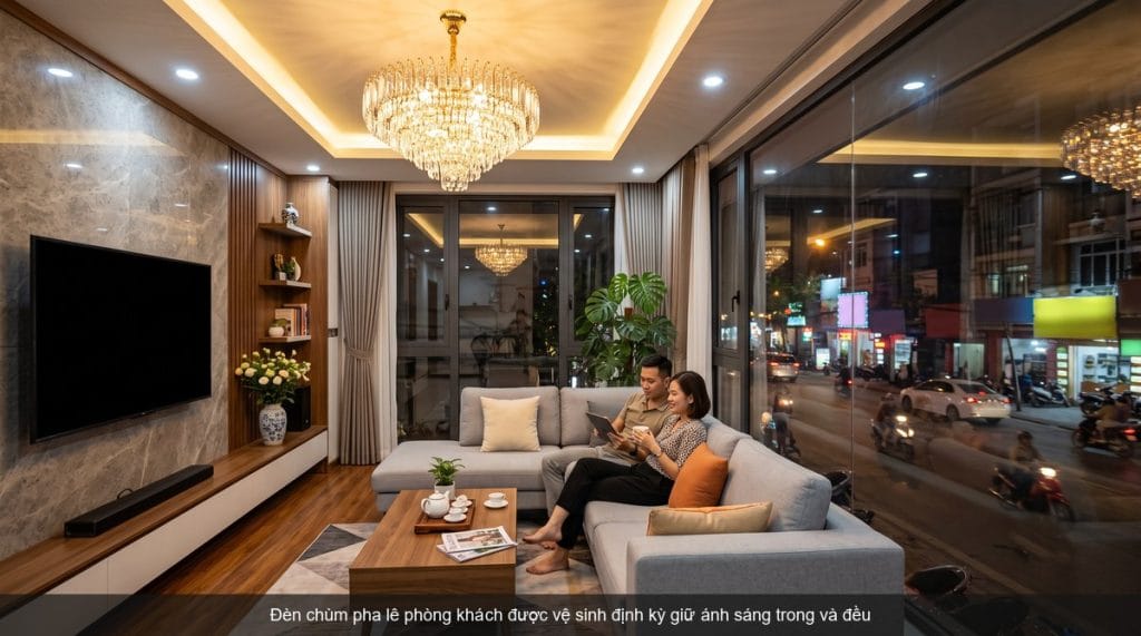 Đèn chùm pha lê phòng khách được vệ sinh định kỳ giữ ánh sáng trong và đều