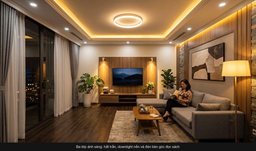Chiếu sáng phòng khách nhà phố sang hơn với ba lớp ánh sáng, không cần quá nhiều đèn.