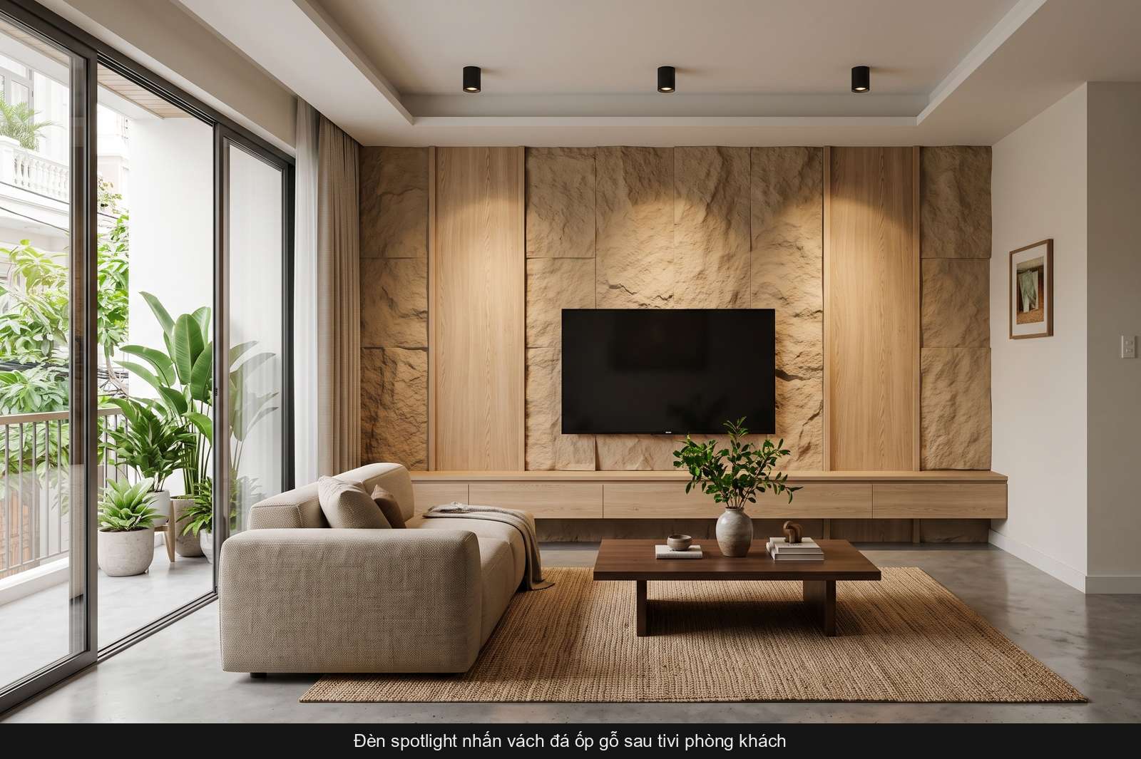 Đèn spotlight nhấn vách đá ốp gỗ sau tivi phòng khách