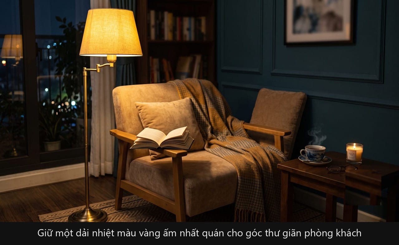 Giữ nhiệt màu đèn vàng ấm nhất quán cho góc thư giãn phòng khách