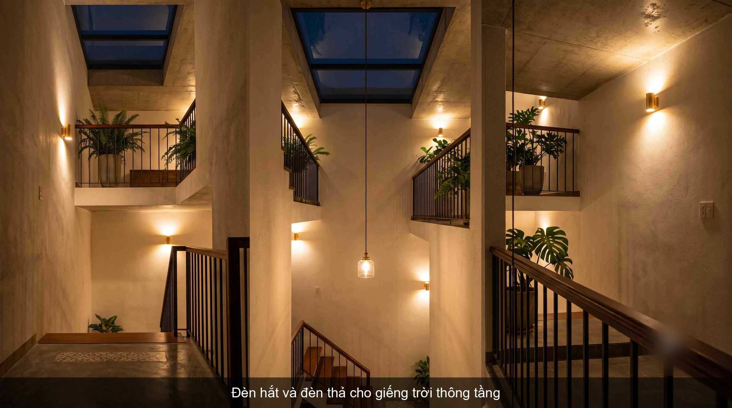 Giếng trời thông tầng với đèn hắt và đèn thả tạo ánh sáng ấm áp lan tỏa theo chiều cao