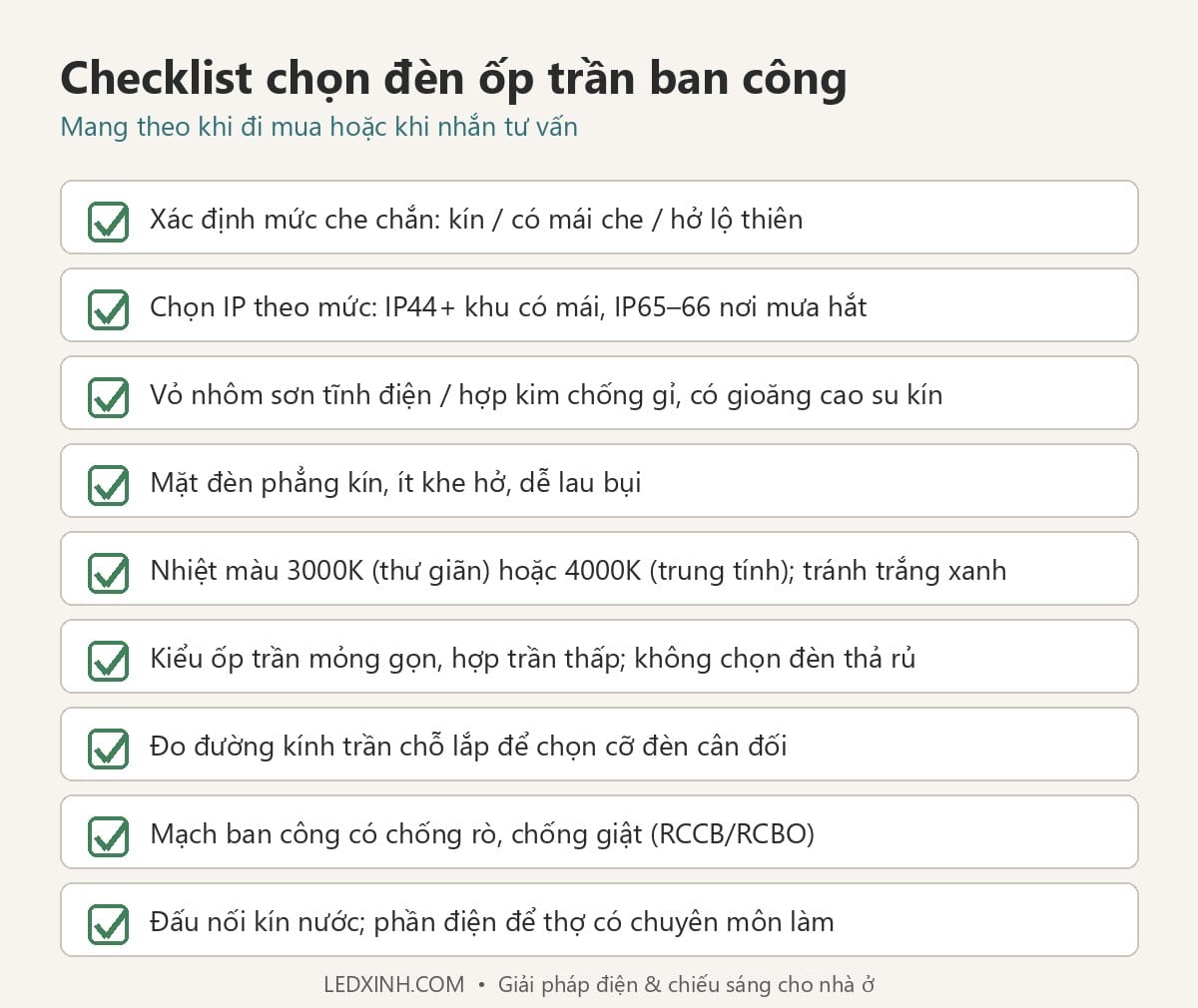 Checklist chọn đèn ốp trần ban công logia chống ẩm chống bụi
