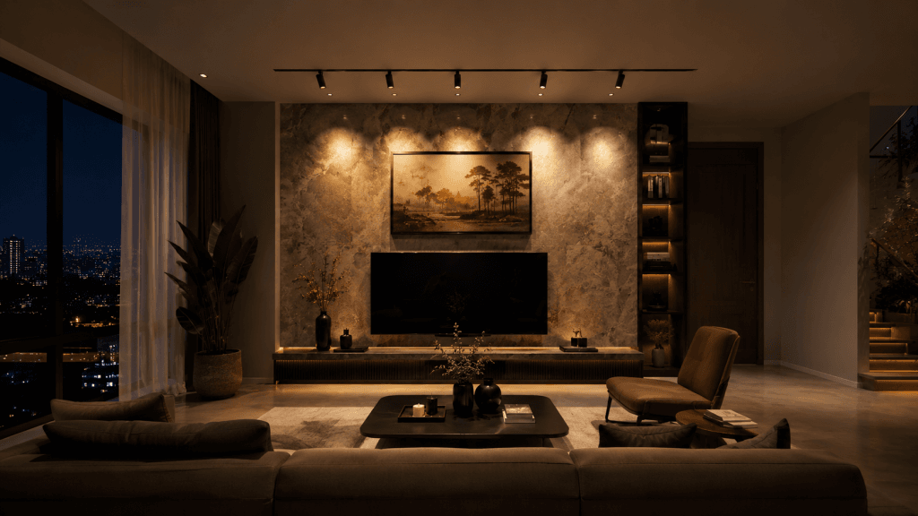 Trần nhà phố hiện đại dùng đèn spotlight âm trần thay cho đèn downlight