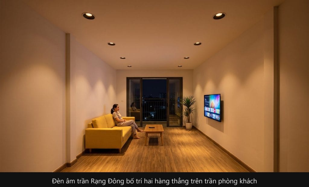 Đèn âm trần Rạng Đông bố trí hai hàng thẳng trên trần phòng khách nhà phố