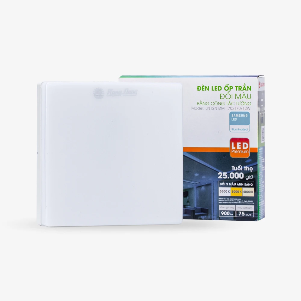 Đèn LED Ốp Trần Vuông Đổi Màu Đế Nhựa 170x170/12W LN12N ĐM Rạng Đông 2