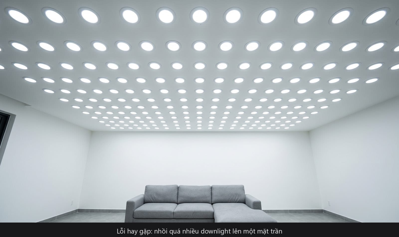 Lỗi bố trí downlight âm trần quá dày trên trần phòng khách