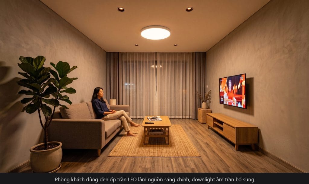 đèn ốp trần LED Rạng Đông kết hợp downlight âm trần phòng khách nhà phố