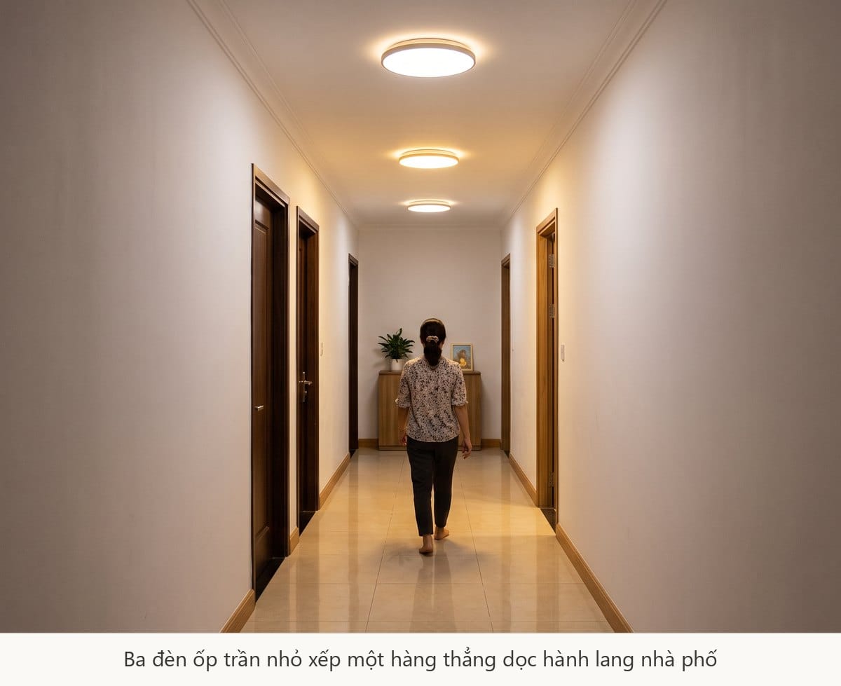 Ba đèn ốp trần Rạng Đông xếp một hàng thẳng dọc hành lang nhà phố