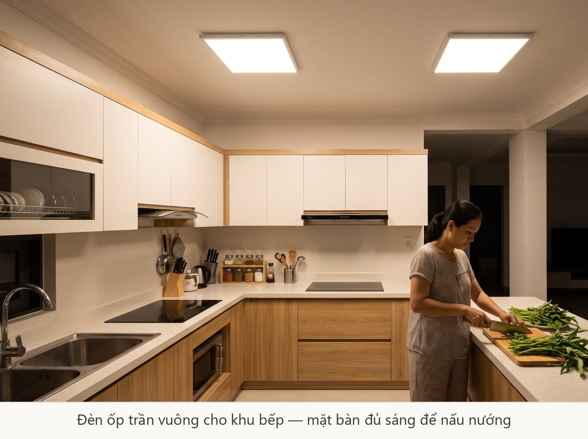 Đèn ốp trần vuông Rạng Đông cho khu bếp, mặt bàn đủ sáng để nấu nướng