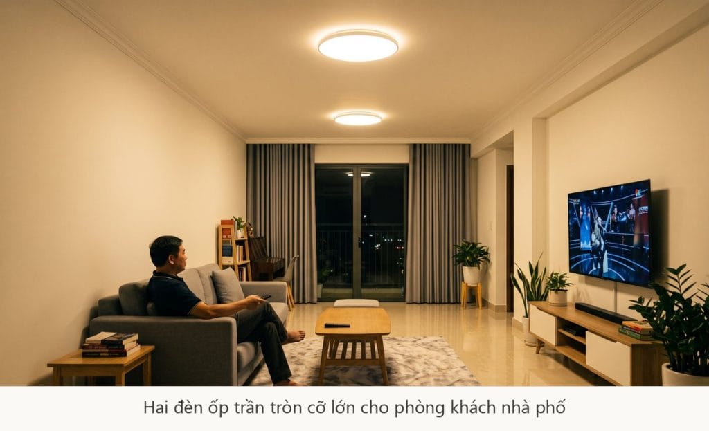 Hai đèn ốp trần tròn cỡ lớn Rạng Đông cho phòng khách nhà phố
