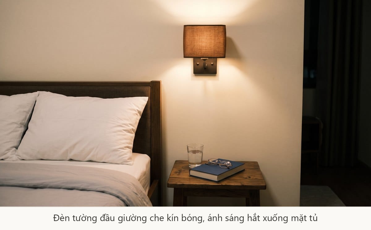 Đèn tường đầu giường phòng ngủ bố mẹ che kín bóng, ánh sáng hắt xuống mặt tủ