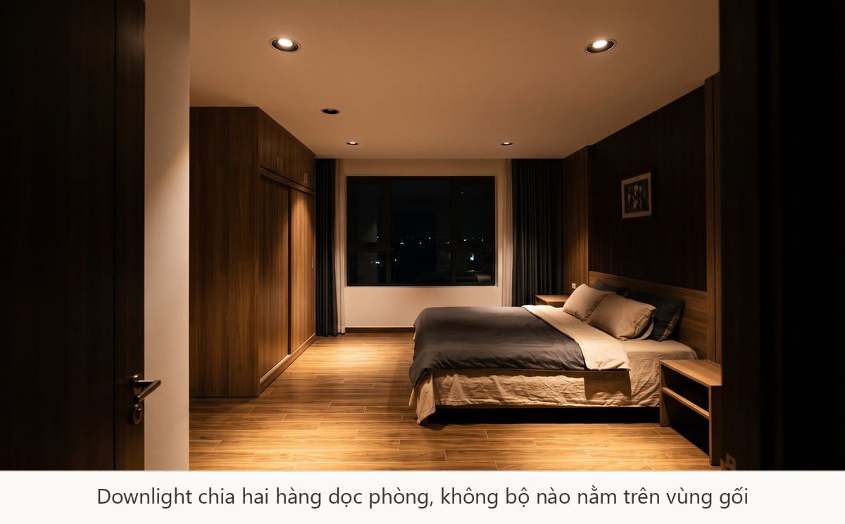 Downlight phòng ngủ bố mẹ chia hai hàng dọc phòng, không bộ nào nằm trên vùng gối