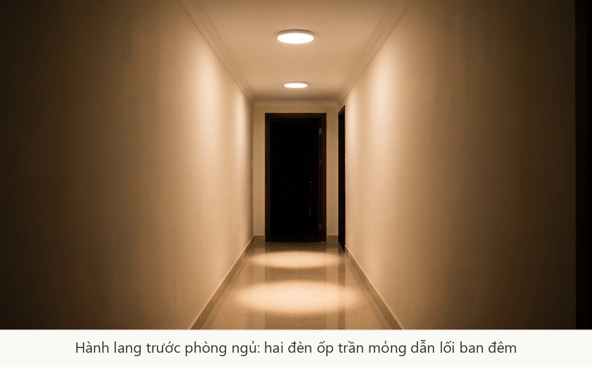Hành lang trước phòng ngủ bố mẹ với đèn dẫn lối ban đêm, ánh sáng vừa đủ nhìn đường