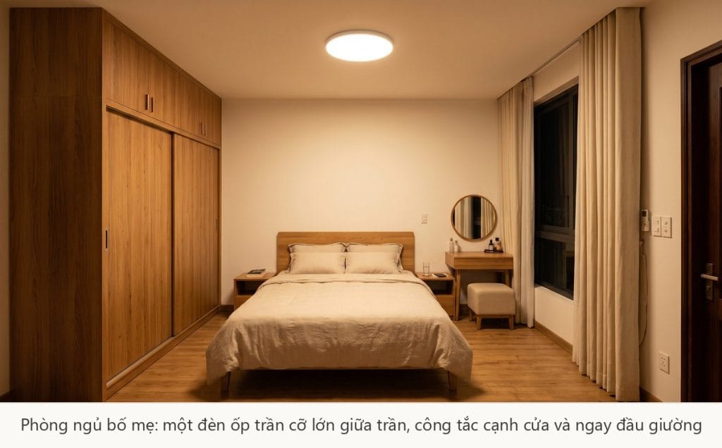 Đèn phòng ngủ bố mẹ: chọn ánh sáng dịu, công tắc dễ với, an toàn ban đêm.