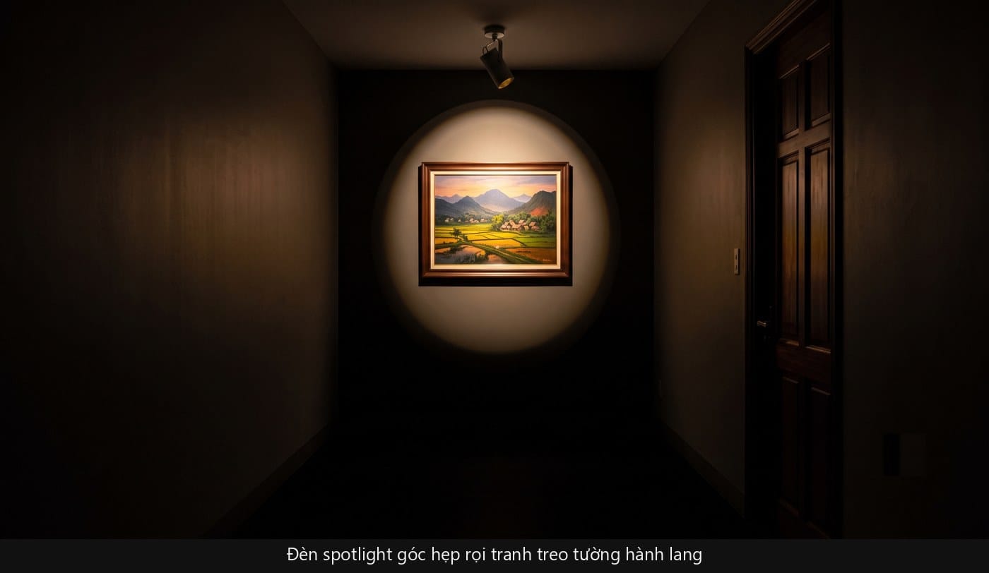 Đèn spotlight góc hẹp rọi tranh treo tường hành lang