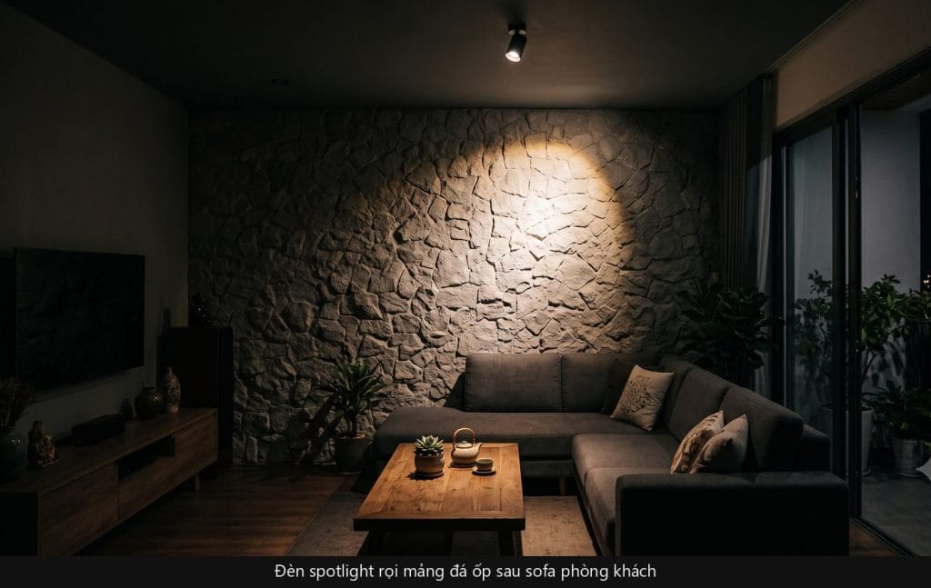 Đèn spotlight rọi mảng đá ốp sau sofa phòng khách