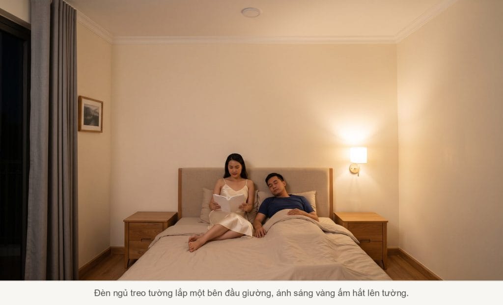Đèn ngủ treo tường lắp một bên đầu giường phòng ngủ nhà phố, chao vải trắng che kín bóng, ánh sáng vàng ấm hắt lên tường