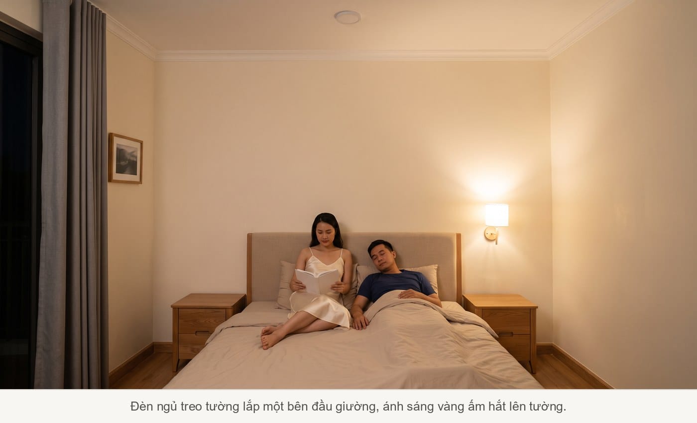 Đèn ngủ treo tường lắp một bên đầu giường phòng ngủ nhà phố, chao vải trắng che kín bóng, ánh sáng vàng ấm hắt lên tường