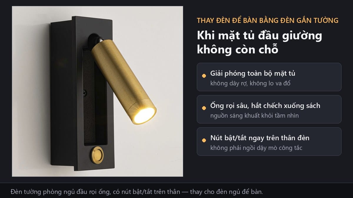 Đèn tường phòng ngủ có nút bật tắt trên thân, thay cho đèn ngủ để bàn