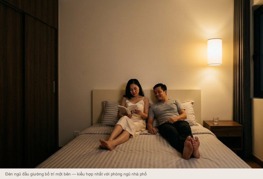 Đèn ngủ đầu giường bố trí một bên trong phòng ngủ nhà phố