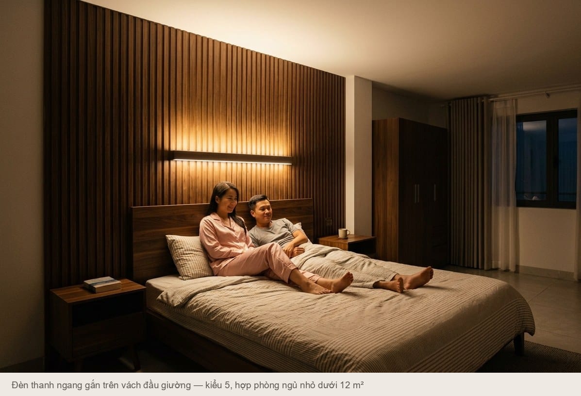 Đèn thanh ngang gắn trên vách đầu giường phòng ngủ nhỏ