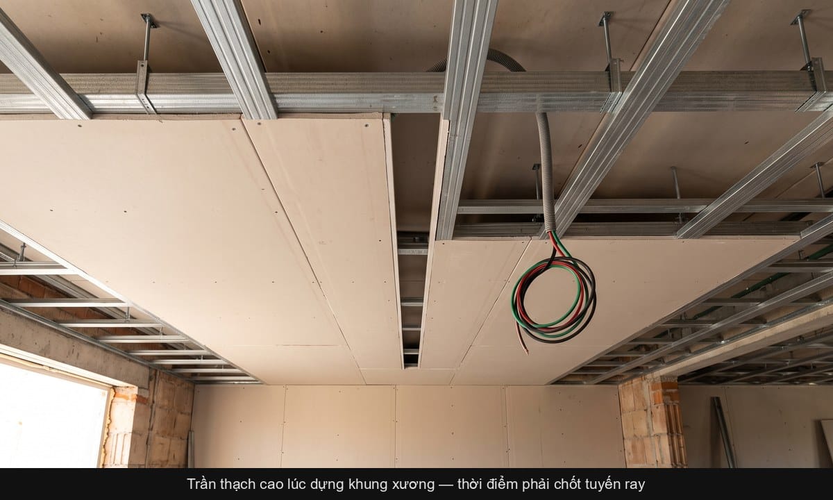 Trần thạch cao đang dựng khung xương, thời điểm chốt tuyến ray nam châm âm trần