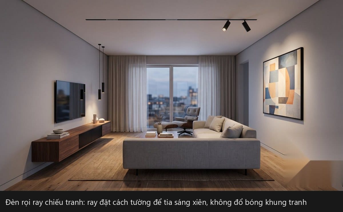 Đèn rọi ray chiếu tranh trong phòng khách căn hộ