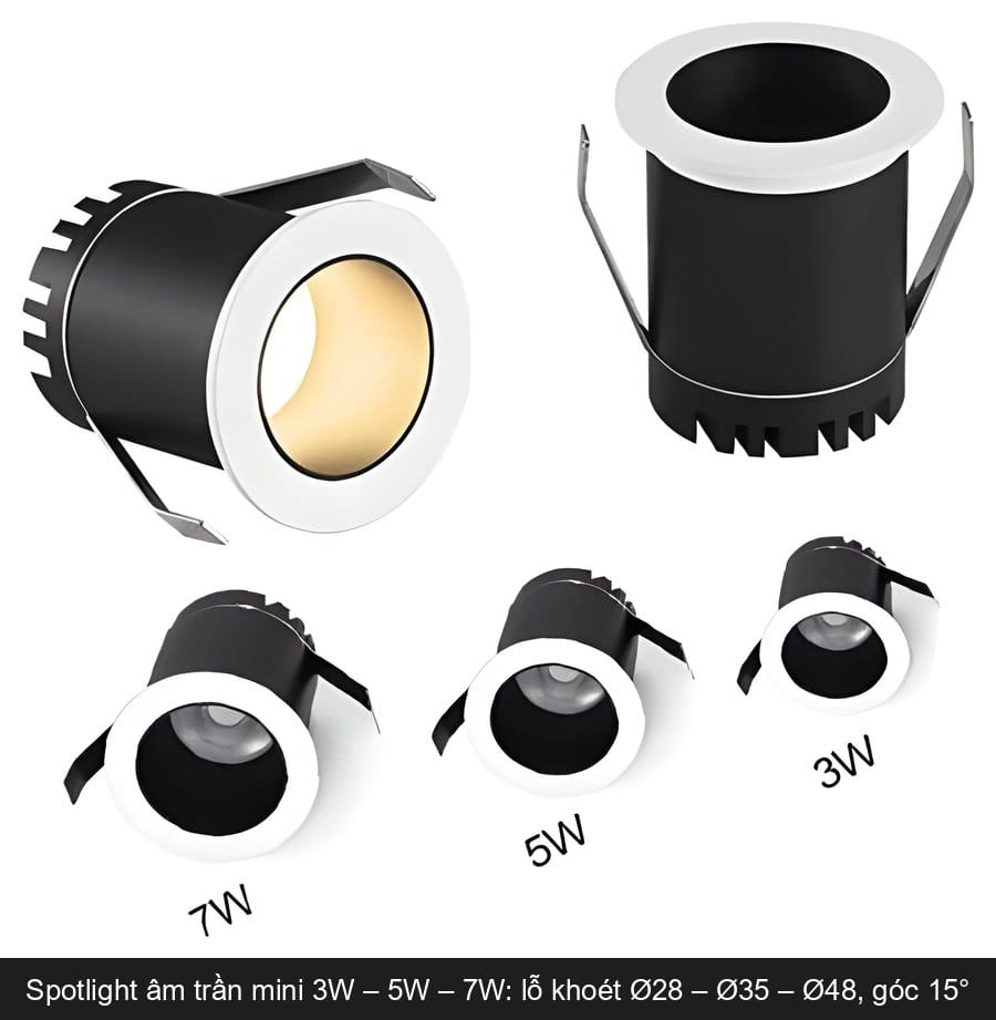 Đèn spotlight âm trần mini 3W 5W 7W lỗ khoét Ø28 Ø35 Ø48