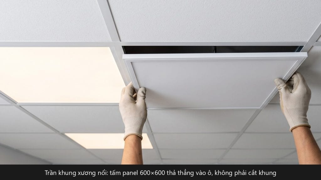 Đèn LED panel 600x600 thả vào ô trần khung xương nổi văn phòng