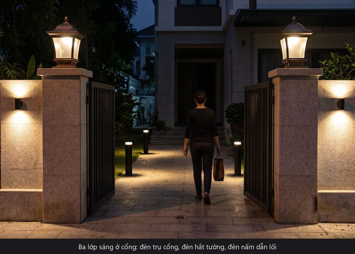 Ba lớp sáng ngoài cổng: đèn trụ cổng, đèn hắt tường rào và đèn nấm lối đi