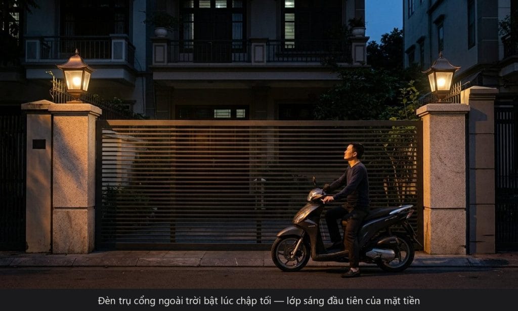 Đèn trụ cổng ngoài trời: chọn cỡ chao, chỉ số chống nước và kiểu dáng theo mặt trụ.