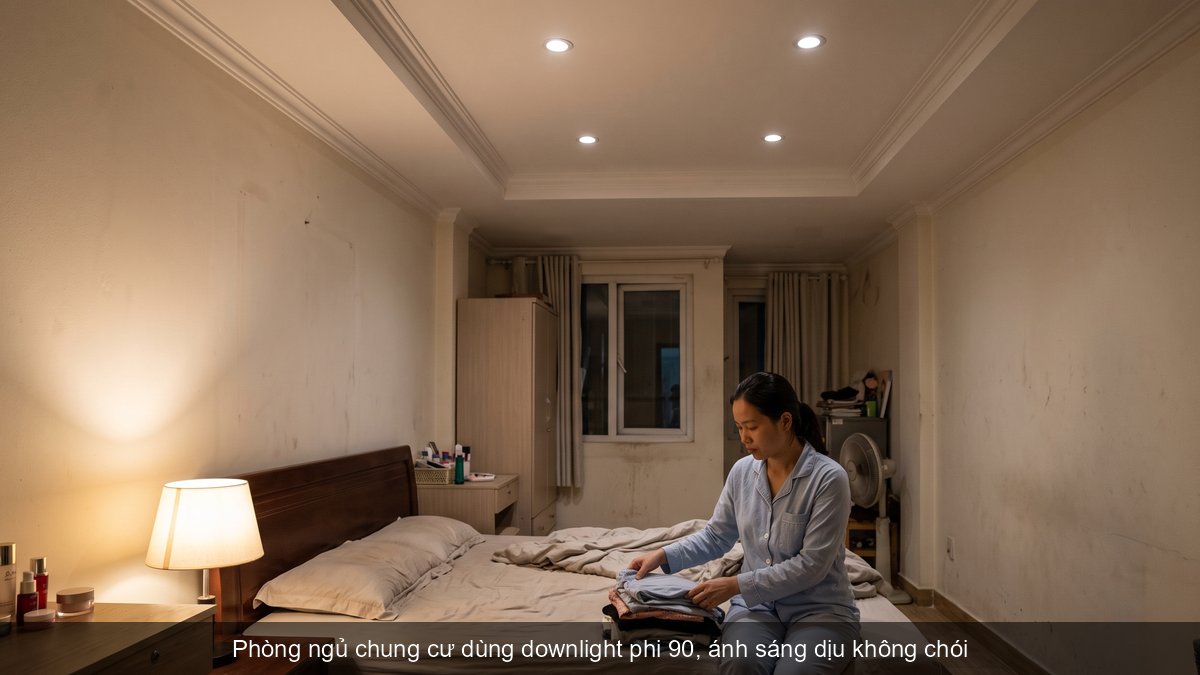 Phòng ngủ chung cư trần thạch cao lắp 4 đèn downlight âm trần phi 90 ánh sáng dịu