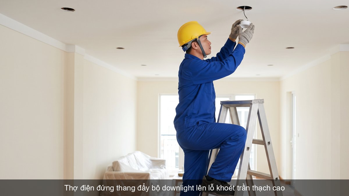 Thợ điện lắp đèn downlight D90 vào lỗ khoét trên trần thạch cao phòng khách nhà phố