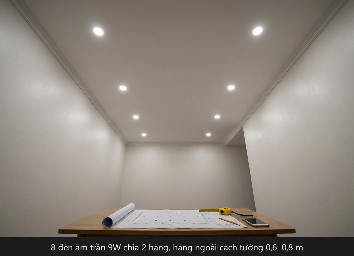 Trần thạch cao với 8 đèn âm trần 9W xếp 2 hàng cách tường, bản vẽ trần và thước dây trên bàn