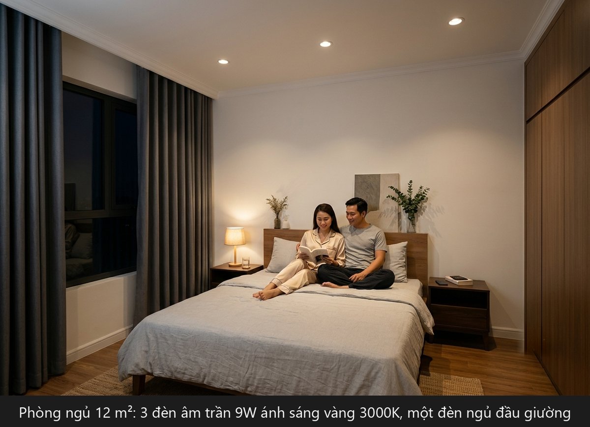 Phòng ngủ 12 m² lắp 3 đèn âm trần Rạng Đông 9W ánh sáng vàng 3000K, vợ chồng đọc sách trên giường