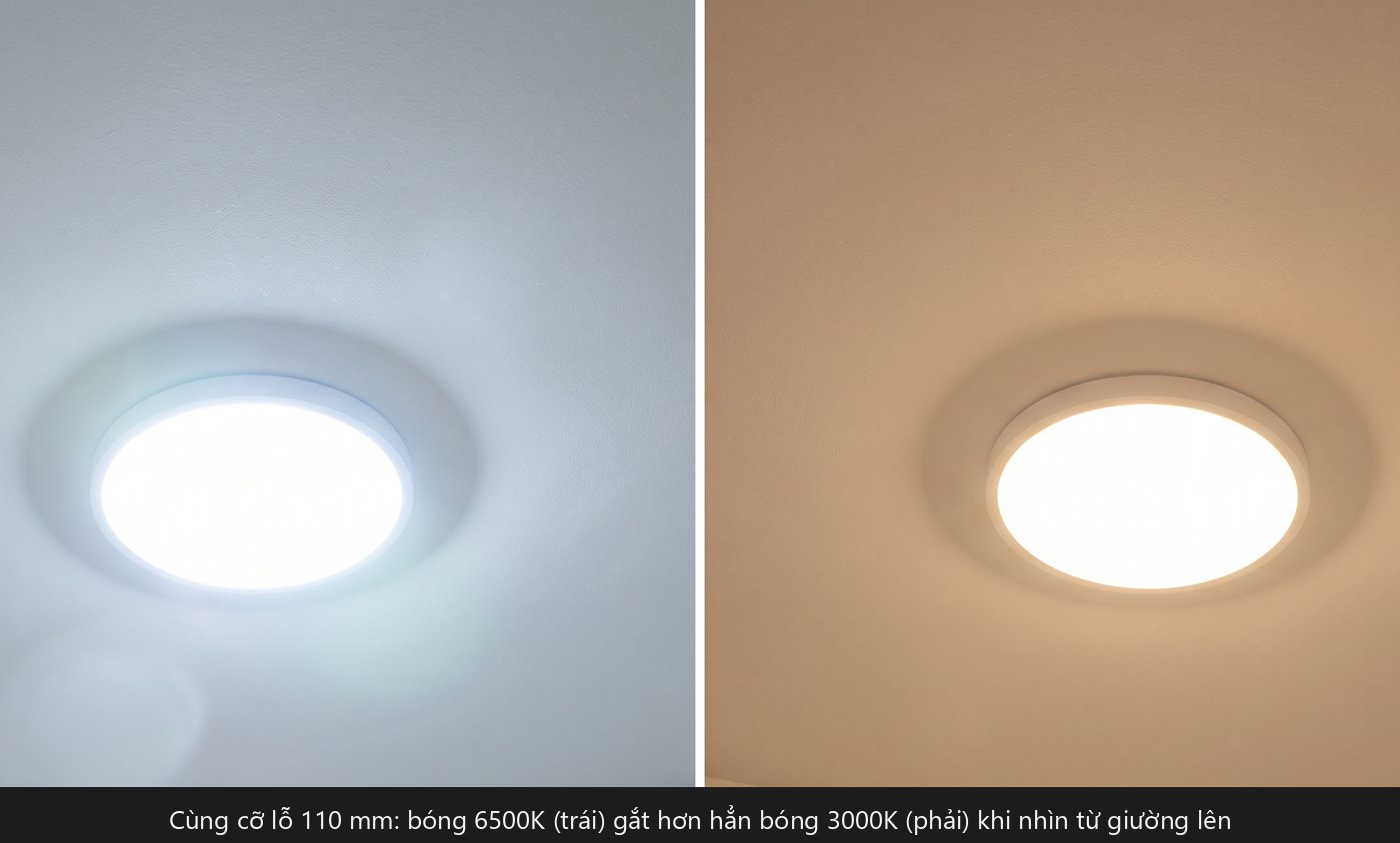 Ảnh ghép hai đèn âm trần Rạng Đông 12W cùng cỡ lỗ 110 mm trên trần thạch cao thấp, bóng 6500K chói hơn bóng 3000K