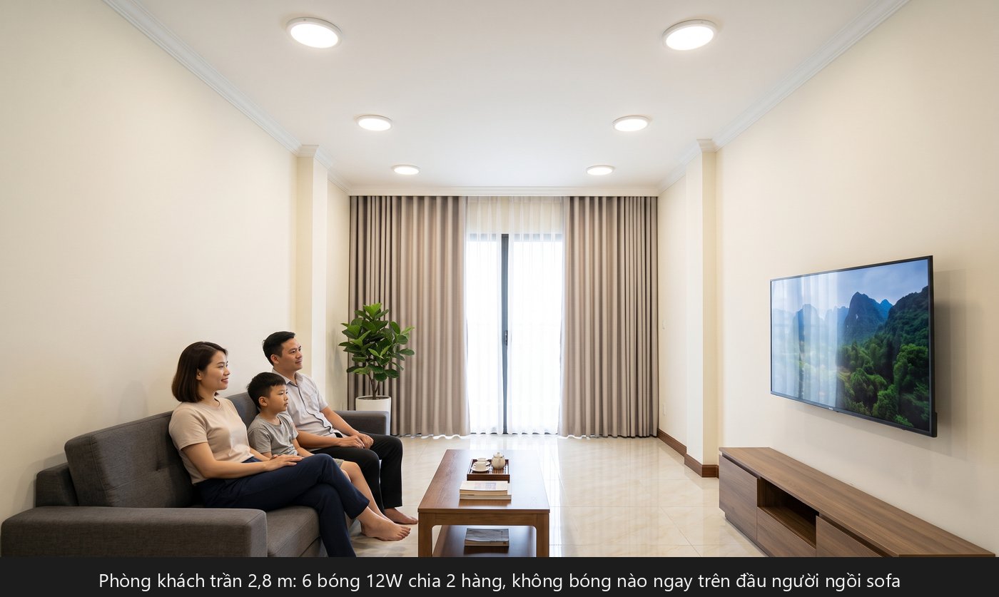 Phòng khách nhà phố lắp 6 đèn âm trần Rạng Đông 12W chia 2 hàng ánh sáng 4000K, gia đình ngồi sofa xem tivi