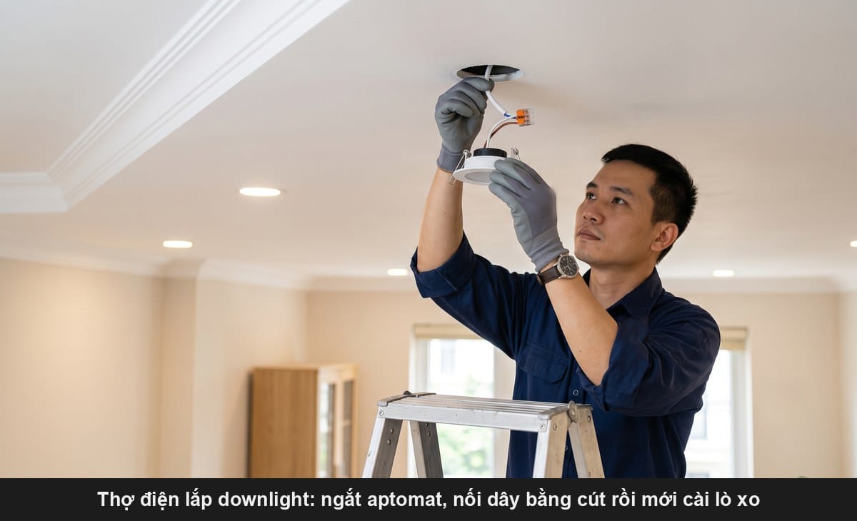 Thợ điện đeo găng đứng thang lắp đèn downlight vào lỗ khoét trần thạch cao